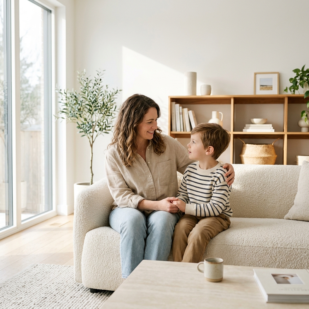 Parent and child connecting in warm light setting